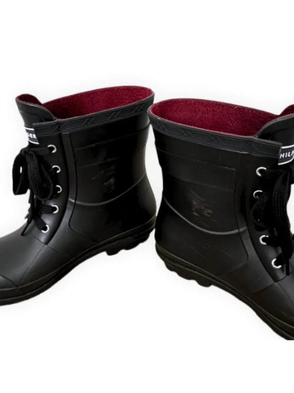 Tommy Hilfiger Black Lace-Up Rain Boot Burgundy Lining Size 10M Waterproof